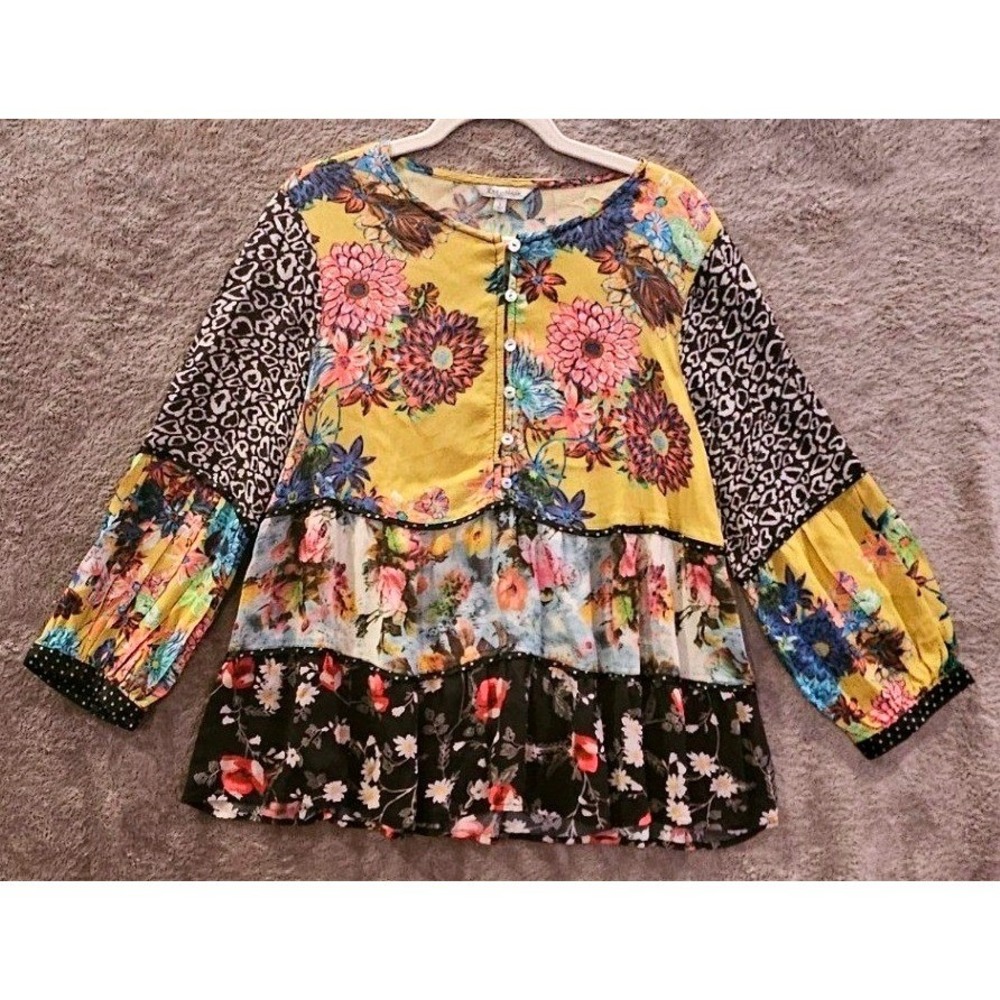John Mark‎ Babydoll Peasant Top Sz L Mixed Media Patchwork Floral Leopard #433